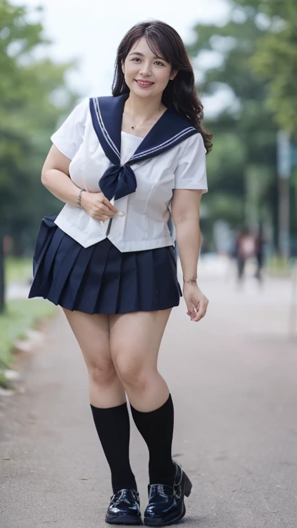 full body shot, from below,  japanese mature, 58 years old,  detailed face , Facial wrinkles, smile,  detailed skin texture ,  white skin, (curvy body, Large Breasts,  plump thighs:1.5), ( school uniform,  sailor suit , JK_style, short-sleeved JK_sailor,  Navy Blue Pleated Mini Skirt, earrings,  Necklaces :1.2), (Short socks,  wearing loafers :1.2), ( full body shot from toe to head wearing black high heels,  standing in the park:1.2), ( surrealism, best quality, ultra detailed, absolutely resolution, 8k, anatomically correct), depth of field, looking at viewer, tachi-e, (bimajo ), (And)