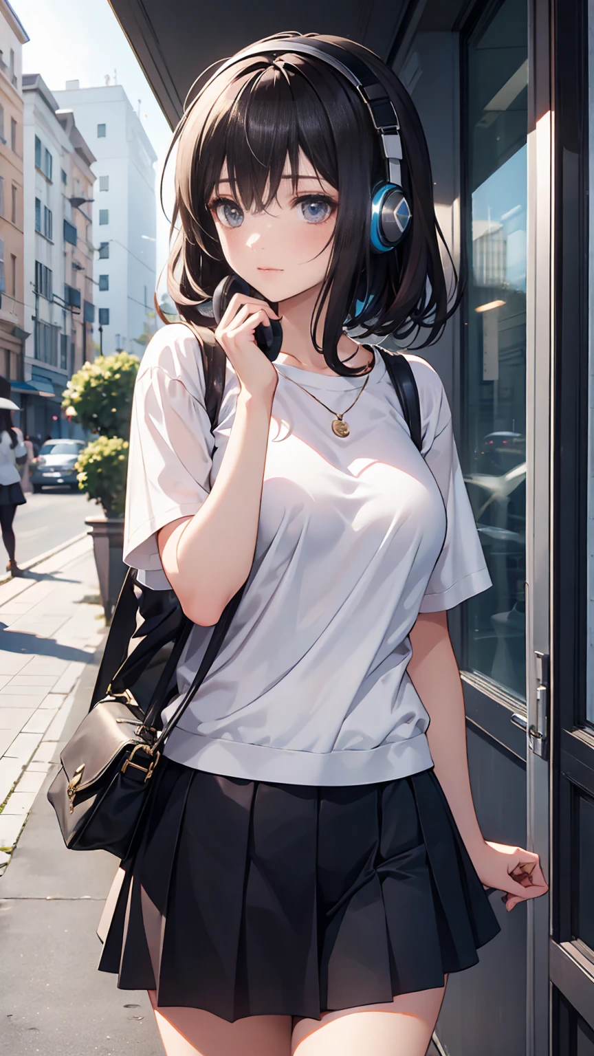 sparrow,  dark-haired girl ,  ,   black skirt ,  Medium Hair ,  headphones ,  because I get used to &#39;thin, Teen,  Serious Face ,   Japanese High School Girls. She is sitting at a shrine,cherry blossoms,cherry blossoms並木,Long Hair,Glowing White Skin,Long Hair