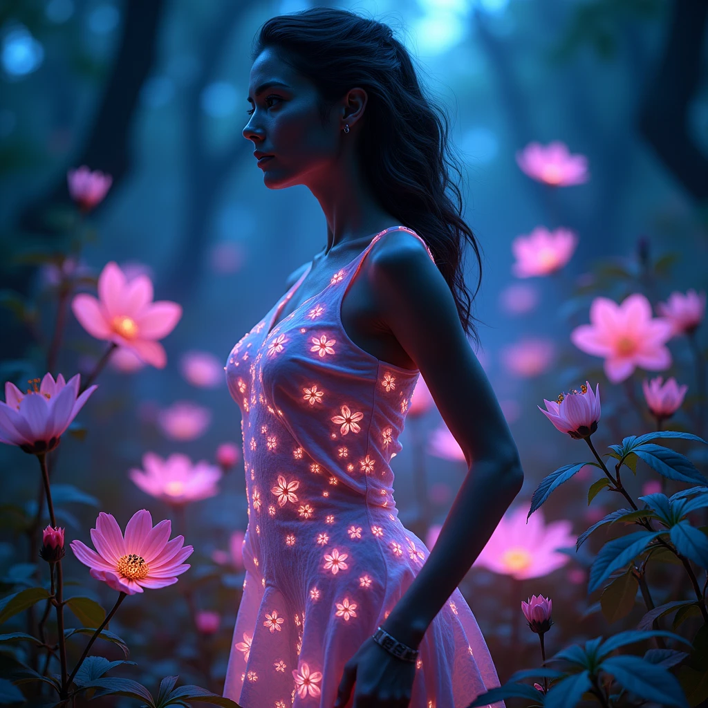 high quality, 8K Ultra HD, beautiful and sexy Bioluminescent woman with a slim figure medium teardrop breasts, beautiful flowing Bioluminescent flowers forming a beautiful woman, full depth of field and realistic textures