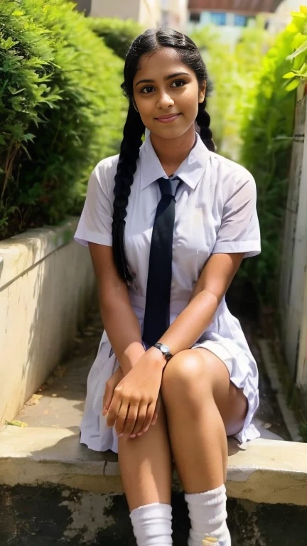 Best-quality, Masterpiece, Ultra-High-Resolution, (Photorealistic:1.4), Raw-Photo, full-body-shot, front-view, from-below, 1girl, the most famous Japanese idol, squatting at stairways, wearing matching Japanese-high-school-uniform, (extremely cute face like the most popular Japanese idol, (extremely beautiful big-eyes)), extremely beautiful hair, extremely beautiful skins, extremely beautiful long-eyelashes, extremely beautiful lips, extremely beautiful short-body, extremely beautiful thighs, innocent-smile, looking at viewer, dynamic-pose, detailed playground, detailed matching-Japanese-high-school-uniform, detailed Panchira,(( dark skin:1.65 ))
