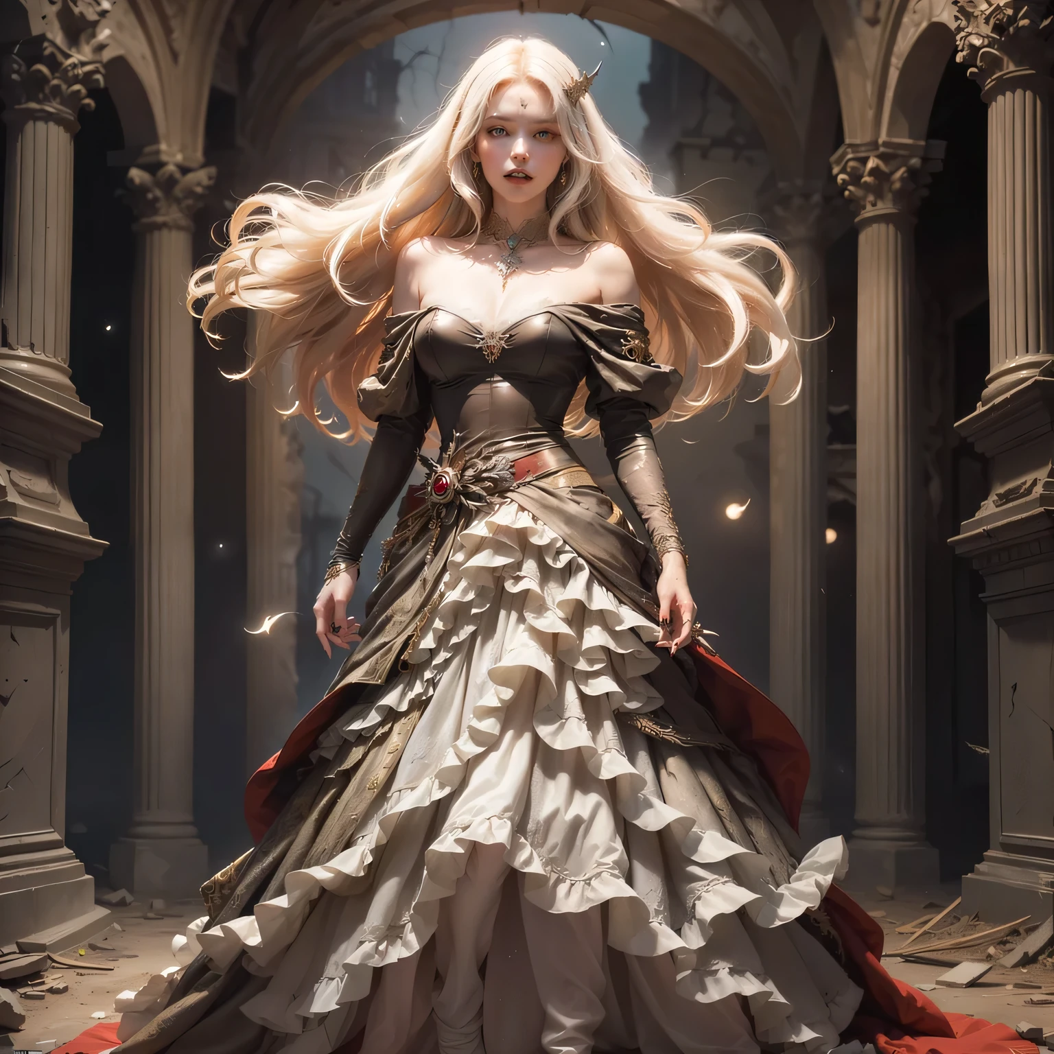 masterpiece, highres, high detailed, intricate details, depth of field, 1 girl, queen, royal crown, Coronation Gown, queen dress, Evening Gown, outdoor background. The background is a luxurious castle, mildly clouds, best sunlight. There are 2 long flower beds besides the path, queen is standing on the path. Her face is gorgeous, beautiful, confident. She wears a lot of luxury jelweries. She has blue eyes, platinum blonde long shining hair. Behind her is the castle.