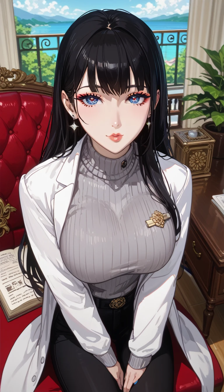  score_9,  score_8_up,  score_7_up,  source_Anime,masterpiece, best quality, BEAUTIFUL AND DETAILED EYES ,  beautiful detailed lips,  very detailed eyes and faces, long breasts, 1 female, Put on a white coat、 sweater under a white coat, doctor、 Grey Sweater 、 grey sweater、 Dowel Dowel Sweaters、Matte Clothes 、Black Skinny、 long black pants  , Big saggy breasts, shockingly  Big Breasts ,  Big Breasts , room,  No Emotion 、 zitales,  taken from above、 sit on a chair、makeup、 no makeup、 black hair、 long hair、 zitales、A tired face、Sleepy face