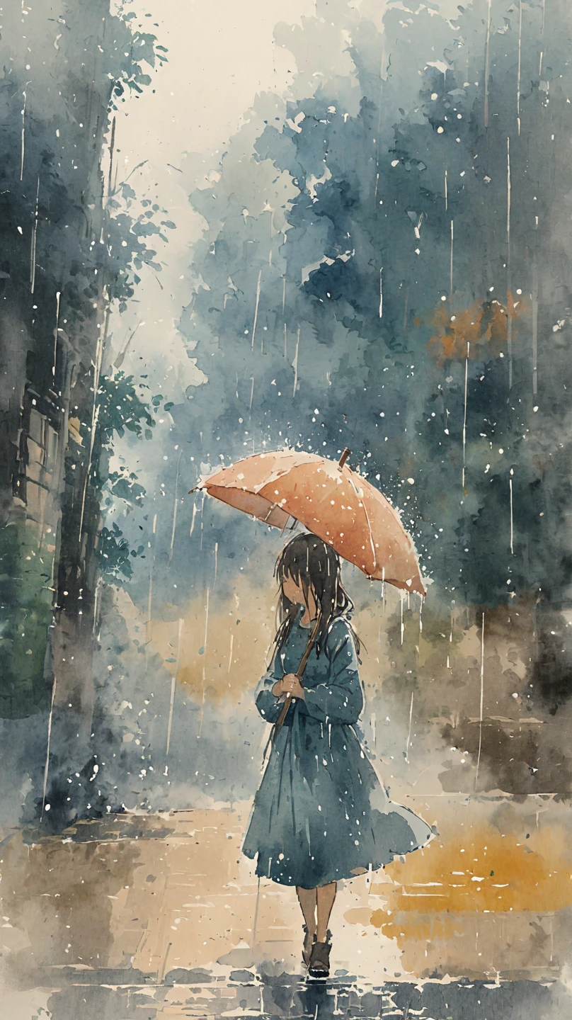 watercolor painting of a girl in the rain. full body shot of the girl who is soaked under the rain. she tilts her head up to face the rain, the rainwater flows down her face. she is walking in the street, holding her hands out to feel the rain. watercolor brushes stroke painting style. the sky is dark.