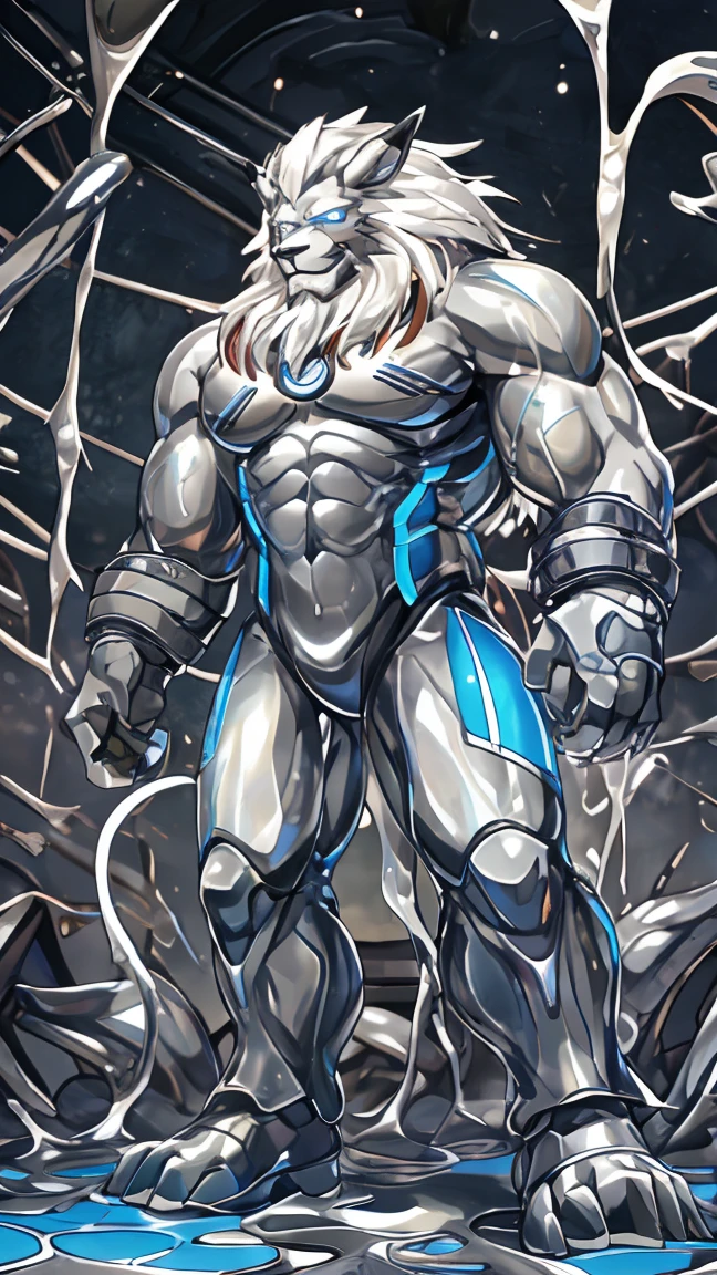 male, Synthesizer , metal silver slime body,  silver metallic sticky mucus , sticky skin ,sticky skin,Machine Tool , Android, Leomon Silver Lion ,Digimon,lion,male, network Hive. Full Body Mechanical Bodysuit . Mechanical Lion  . full-body photo . Liquid Metal Mecha Cover .silver metal bodysuit, Glossy Metallic Bodysuit ,  Evil Smile . blue glowing eyes.细节皮肤 Digimon, Blue Glowing Lines Neon Highlights ,Intricate skin details, Smooth Reflective Leather .standing posture.legs spread..liquid metal pool.liquid metal tentacle.INSECT NESTS.Big crotch bag.erect.absorption, goo skin, silver slime, enamel,unrecognizable ,Transform  ,,melt,Tentacles,gender.Drooling.. full-body photo .Excited.clear hands and feet .. silver metallic sticky mucus , sticky skin ,goo leather ,  silver smooth leather.Tentacles纏繞身體.黏糊糊Tentacles纏繞身體