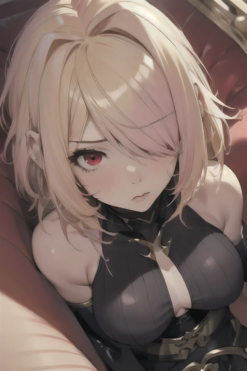 masterpiece, best quality, Unreal Engine, ULTRA LESS , Very detailed, 1 girl , Big Breasts, waist , Muscular ,slender, ( that pees :1.2),( Pink Hair:1.1),( blonde hair:1.3),(( hair on one eye)),(red eyes:1.3), horn, black bodysuit , sexy pose, ( waist shot,Face shot:1.5) hews style CSR style round breasted, medium breasts, Lie down, lying , ( shot above ,:1.3) , blush 