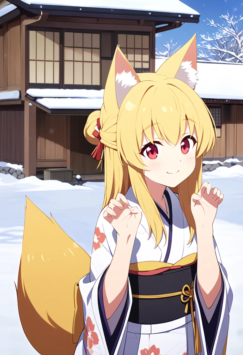  best quality、 very cute 、細身の体、Very small、 cat fox ears and tail、Red eyes、Yellow long hair 、 hair that flutters like、Snow Scene、Old straw house、Japanese Housing、 Japanese Kimono、Fox pose、smile