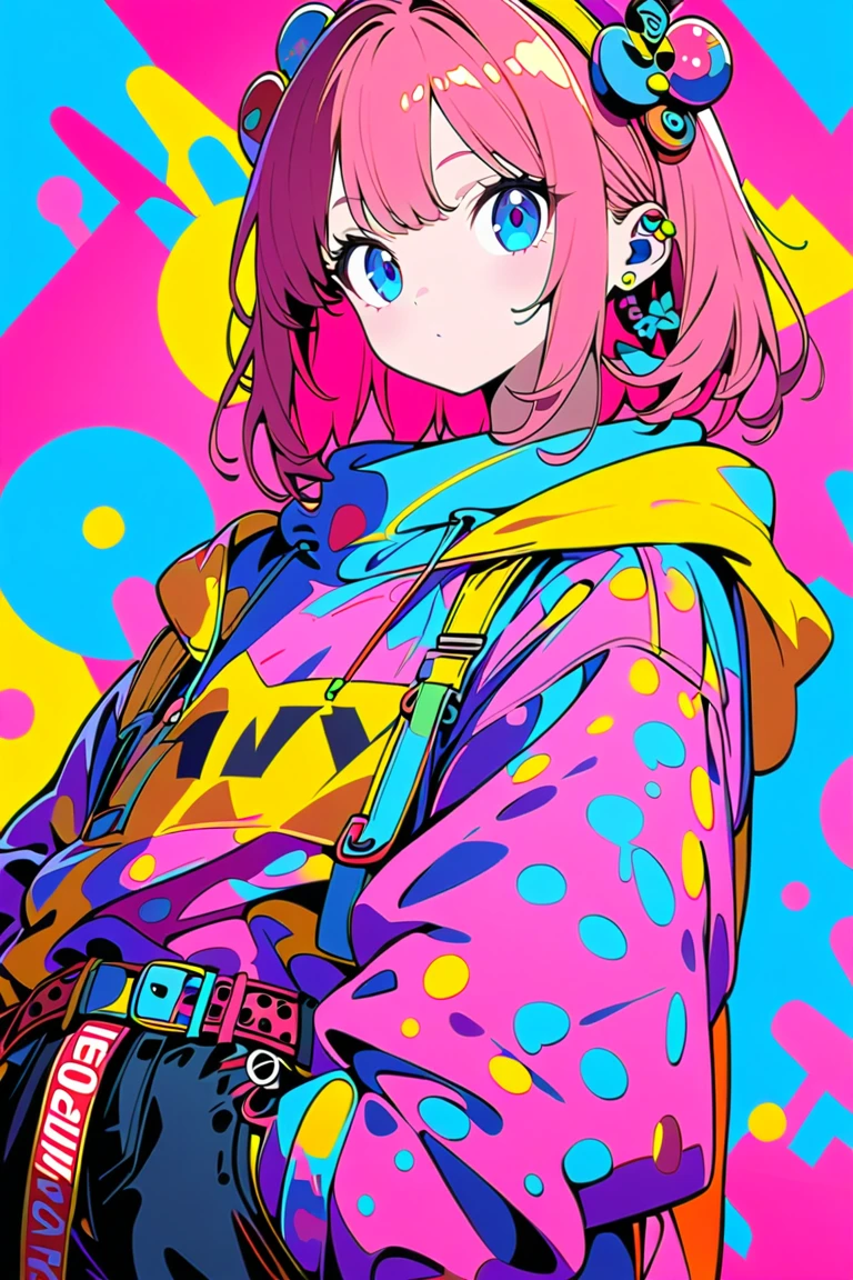 1girl,solo,anime style,peace sign,vibrant colors,blue eyes,yellow and pink hair,stylish outfit,oversized sweatshirt,bold graphic text,shorts,playful expression,ear accessories,colorful belt,flat design,red polka dot background,high contrast,minimal shading,modern illustration,retro vibes,pop art influence,cool illustration,street style,Contrast,masterpiece,best quality,ultra detailed,8k portrait,unity 8k wallpaper,super fine illustration