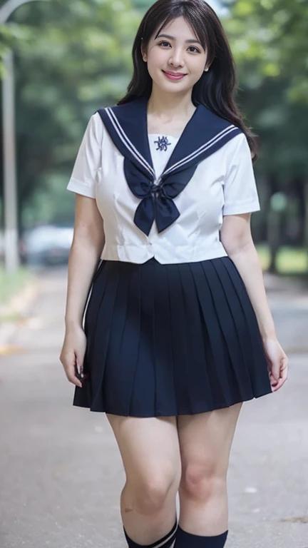 full body shot, from below,  japanese mature,  detailed face , Facial wrinkles, smile,  detailed skin texture ,  white skin, (curvy body, Large Breasts,  plump thighs:1.5), ( school uniform,  sailor suit , JK_style, short-sleeved JK_sailor,  Navy Blue Pleated Mini Skirt, earrings,  Necklaces :1.2), (Short socks,  wearing loafers :1.2), ( full body shot from toe to head wearing black high heels,  standing in the park:1.2), ( surrealism, best quality, ultra detailed, absolutely resolution, 8k, anatomically correct), depth of field, looking at viewer, tachi-e, (bimajo ), (And)