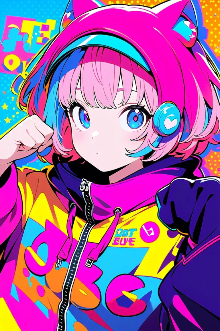 1girl,solo,anime style,paw pose,vibrant colors,blue eyes,yellow and pink hair,stylish outfit,oversized sweatshirt,bold graphic text,shorts,playful expression,ear accessories,colorful belt,flat design,red polka dot background,high contrast,minimal shading,modern illustration,retro vibes,pop art influence,cool illustration,street style,Contrast,masterpiece,best quality,ultra detailed,8k portrait,unity 8k wallpaper,super fine illustration