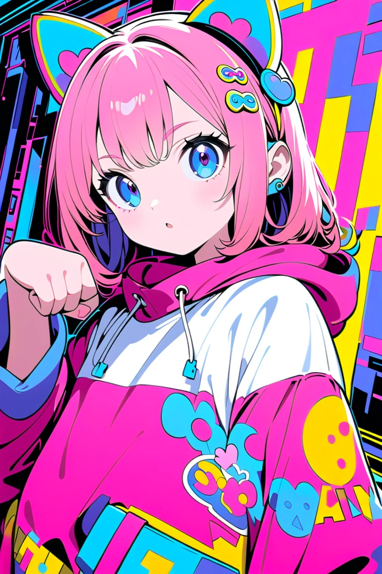 1girl,solo,anime style,paw pose,vibrant colors,blue eyes,yellow and pink hair,stylish outfit,oversized sweatshirt,bold graphic text,shorts,playful expression,ear accessories,colorful belt,flat design,red polka dot background,high contrast,minimal shading,modern illustration,retro vibes,pop art influence,cool illustration,street style,Contrast,masterpiece,best quality,ultra detailed,8k portrait,unity 8k wallpaper,super fine illustration