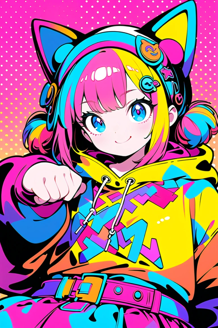 1girl,solo,anime style,paw pose,vibrant colors,blue eyes,yellow and pink hair,stylish outfit,oversized sweatshirt,bold graphic text,shorts,playful expression,ear accessories,colorful belt,flat design,red polka dot background,high contrast,minimal shading,modern illustration,retro vibes,pop art influence,cool illustration,street style,Contrast,masterpiece,best quality,ultra detailed,8k portrait,unity 8k wallpaper,super fine illustration