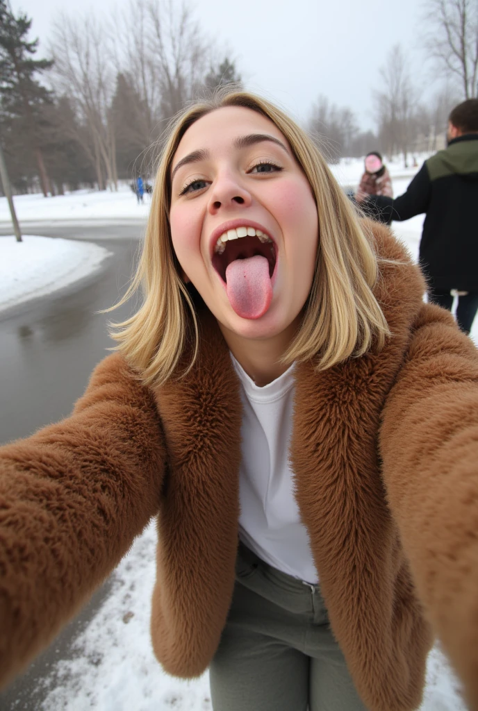 (superflat, flat shading, flat colors:1.1), (winter:1.2), (snow:1.2), (city street), (2girls), , , blonde hair, blush, open mouth, (show tongue), selfie, view from below, (low angle), winter, snow, bright sunlight, vibrant colors, best shadows, watercolor, nude