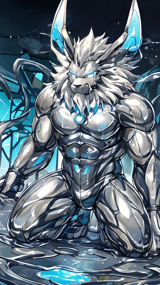 male, Synthesizer , metal silver slime body,  silver metallic sticky mucus , sticky skin ,sticky skin,Machine Tool , Android, Leomon Silver Lion ,Digimon,lion,male, network Hive. Full Body Mechanical Bodysuit . Mechanical Lion  . full-body photo . Liquid Metal Mecha Cover .silver metal bodysuit, Glossy Metallic Bodysuit ,  Evil Smile . blue glowing eyes.细节皮肤 Digimon,Blue Glowing Line Neon Lamp ,Intricate skin details, Smooth Reflective Leather . kneeling position .legs spread..liquid metal pool.liquid metal tentacle.INSECT NESTS.Big crotch bag.erect.absorption, goo skin, silver slime, enamel,unrecognizable ,Transform  ,,melt,Tentacles,gender.Drooling.. full-body photo .Excited.clear hands and feet .. silver metallic sticky mucus , sticky skin ,goo leather ,  silver smooth leather.Tentacles纏繞身體.黏糊糊Tentacles纏繞身體