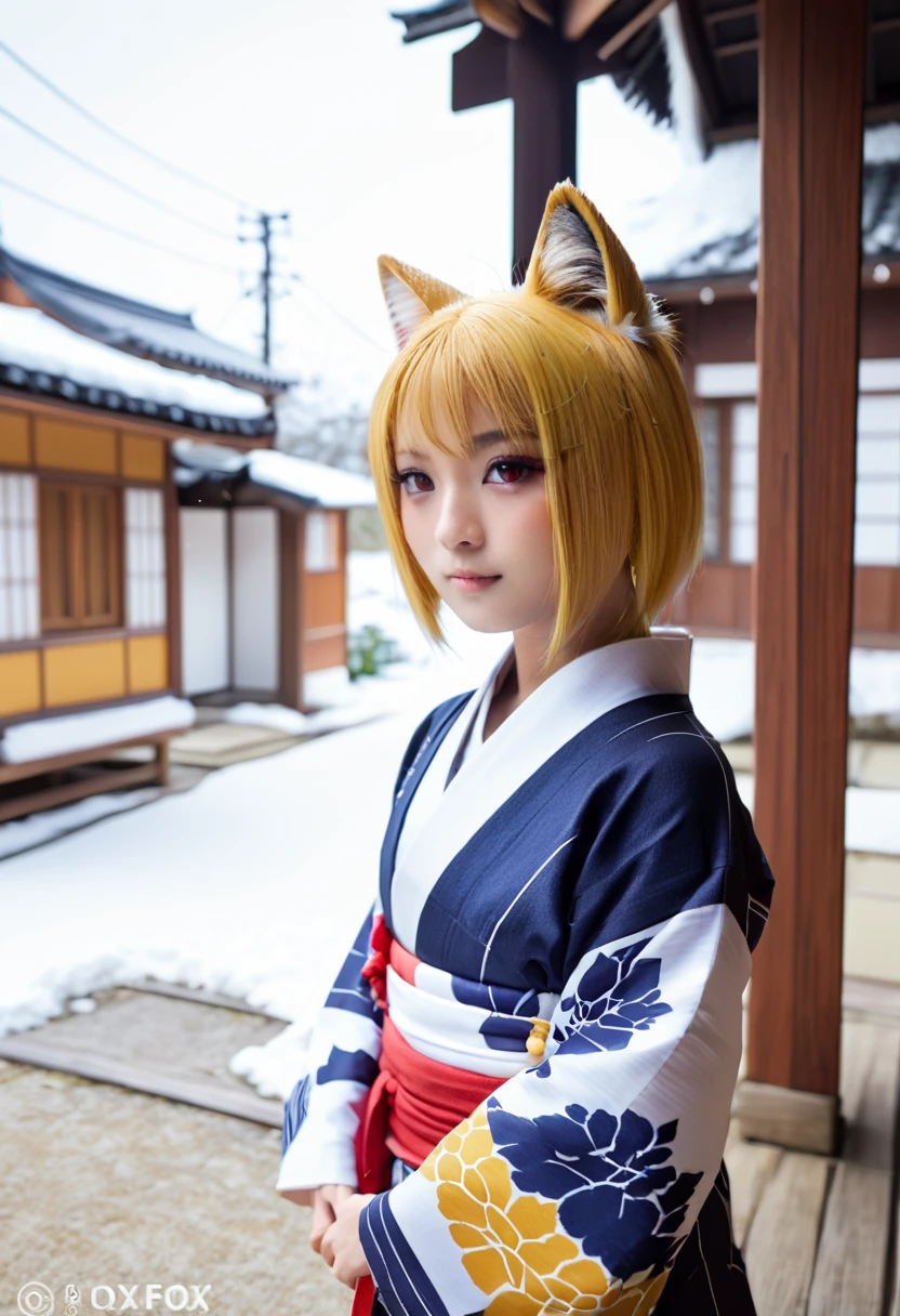  best quality、 very cute 、細身の体、Very small、 cat fox ears and tail、Red eyes、 yellow hair、 straight hair、 hair that flutters like、Snow Scene、Old straw house、Japanese Housing、 Japanese Kimono、Fox pose、Pouting face