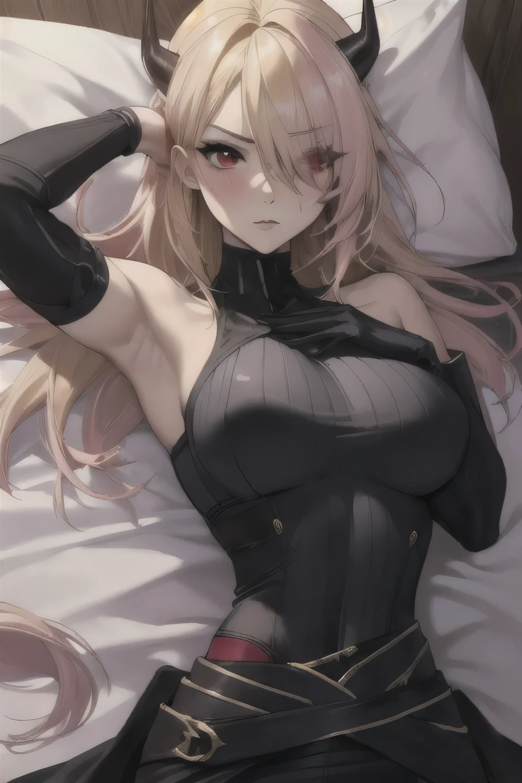 masterpiece, best quality, Unreal Engine, ULTRA LESS , Very detailed, 1 girl , Big Breasts, waist , Muscular ,slender, ( that pees :1.2),( Pink Hair:1.1),( blonde hair:1.3),(( hair on one eye)),(red eyes:1.3), horn, black bodysuit , sexy pose, ( waist shot,Face shot:1.5) hews style CSR style round breasted, medium breasts, Lie down, lying , ( shot above ,:1.3) , blush