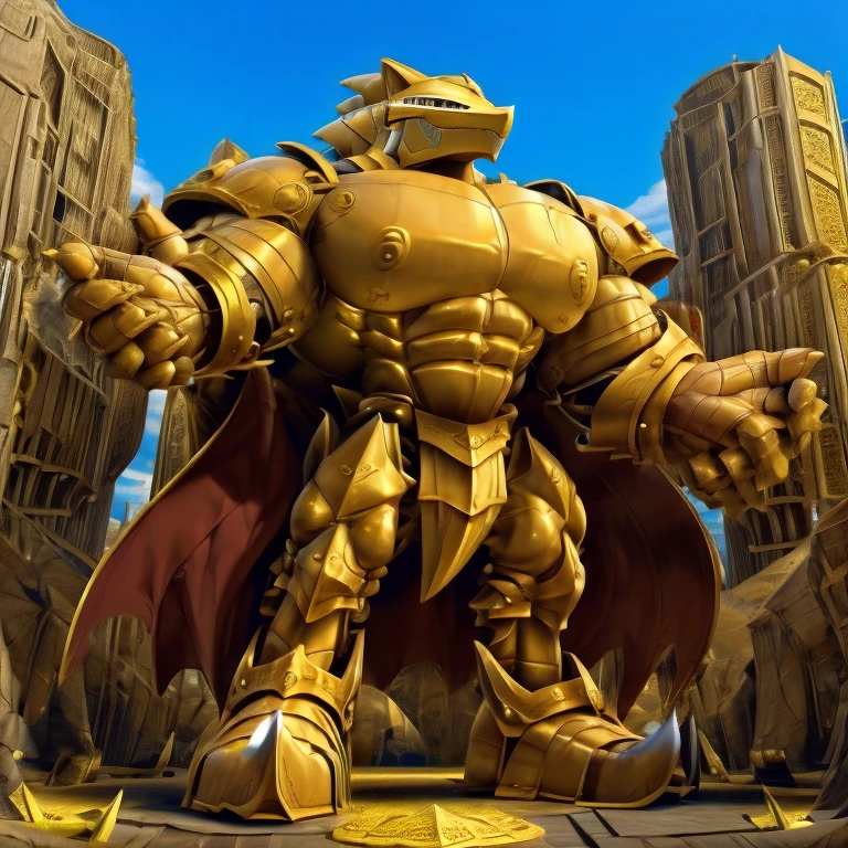 - Excalibur Sonic. Golden Armor. The whole body is golden.
- masterpiece. official art. 8k. best quality. detailed full body. full body.
- no face. wearing a full-face helmet.
- An arrogant expression. smile at the corner of your mouth.
- He with 4 arms.
- large muscles,  big muscle, huge muscles,  massive muscles, bulk up.
- focus GIANT Excalibur Sonic is trampling the city. Looking down. macro. stomp. Low-angle perspective. emphasizing the immense size. He has long legs.
- The nails are sharp. The nails are gold. There are five fingers.
- The toenails are sharp. The toenails are gold. There are five toes.

(Excalibur Sonic, golden armor, helmet, no face, holding, red cape, upturned and pointy shoes)