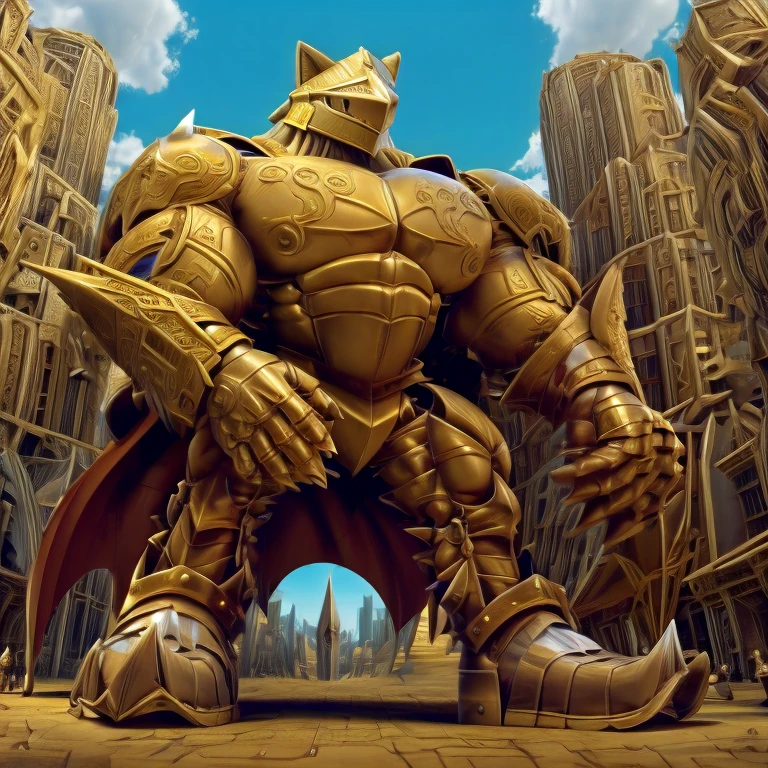 - Excalibur Sonic. Golden Armor. The whole body is golden.
- masterpiece. official art. 8k. best quality. detailed full body. full body.
- no face. wearing a full-face helmet.
- An arrogant expression. smile at the corner of your mouth.
- He with 4 arms.
- large muscles,  big muscle, huge muscles,  massive muscles, bulk up.
- focus GIANT Excalibur Sonic is trampling the city. Looking down. macro. stomp. Low-angle perspective. emphasizing the immense size. He has long legs.
- The nails are sharp. The nails are gold. There are five fingers.
- The toenails are sharp. The toenails are gold. There are five toes.

(Excalibur Sonic, golden armor, helmet, no face, holding, red cape, upturned and pointy shoes)