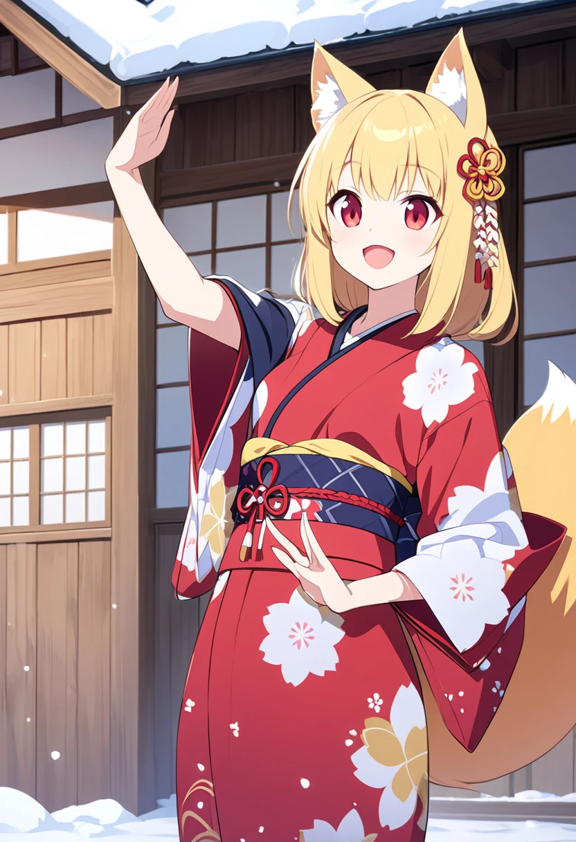  best quality、 very cute 、細身の体、Very small、 cat fox ears and tail、Red eyes、Yellow long hair 、 hair that flutters like、Snow Scene、Old straw house、Japanese Housing、 Japanese Kimono、Fox pose、smile