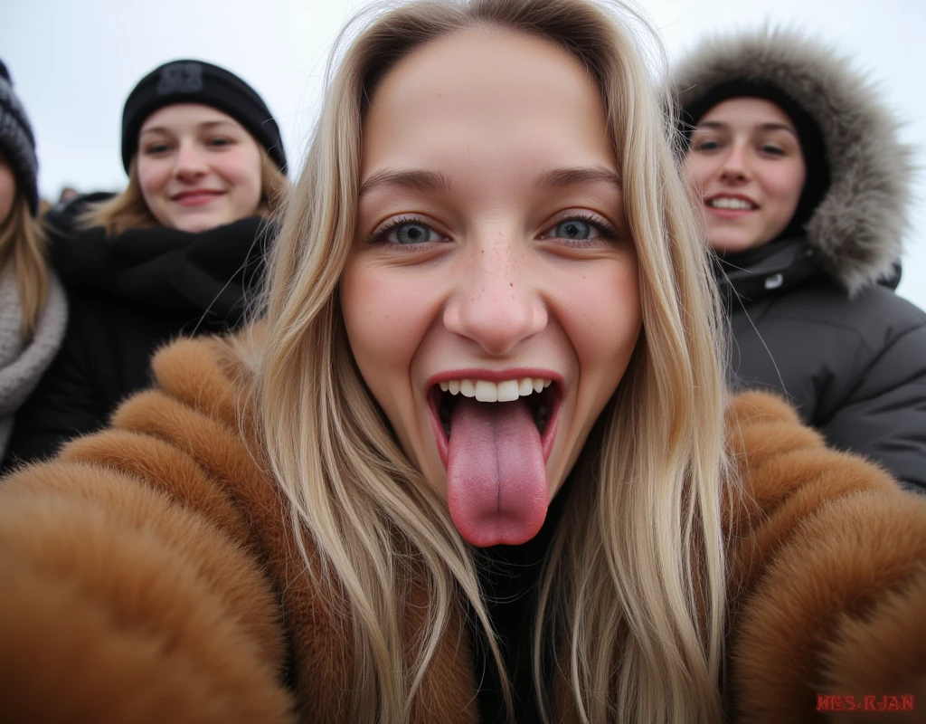  is wearing a fluffy fur coat、Fair-skinned、 RUSSIAN GIRLS。Blonde、winter、 Brown fur、 Voluminous Fur 。(((Sexy Breasts、Armpits)))5 people。Amateur photography selfie of a young crazy female with open mouth and [uvula|tongue|uvula], [laughing|yawning|laughing], looking eyes at camera, sweatpants, Bra, standing, sneakers, ultra high quality, very detailed skin (skin pores, blemishes, tiny freckles [and moles ]) [tastebuds on tongue] [:perfect eyes:0.24]