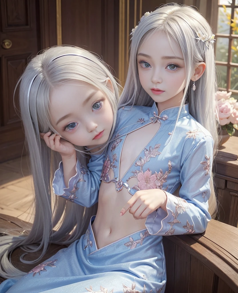 Ultra high quality, masterpiece:1.8,  exquisite:1.8,  ultra high resolution,  Ultra High Definition, Hyperrealistic, 16k, Octane Rendering,  Color Difference, Photorealistic:1.6, Award-winning photo, sharp focus, (((1 girl))), ( pretty girl:1.7), ((Flat Chest:1.5, male chest:1.4)), (完璧な7頭身の pretty girl,  perfect balance ), (( perfect anatomy:1.5)), (( very detailed like a beautiful goddess descended from the sky,  smiles, A very beautiful and cute girl)), Very beautiful and clear skin,  Smooth Skin Like Sparkling Silk ,  very detailed face and skin texture , Small cute face, (:1.6),  thin eyebrows:1.2,  double eyelids, ((Big Eyes:1.2)), Very detailed and beautiful eyes, Perfect symmetry and perfect eyes, Perfect Plump Lips, Nose is too small, Petite body:1.6,  Extremely Detailed and Perfect Beautiful Hands :1.2, Beautiful arms, Beautiful thighs,  beautiful legs,  Extremely Beautiful, Lovely, and Seductive Navel ,  very beautiful small and lovely enchanting breasts ,  Extremely Beautiful, and Seductive Navel , erection of nipple,  very beautiful small and cute enchanting areolas , Very beautiful and adorable enchanting female genitalia,  Extremely Beautiful and Seductive Groin , Very beautiful and small and adorable enchanting buttocks,  Extremely Fine and Beautiful White Silver Hair ,  wavy hair, break, Extremely precise and beautiful piercing with jewels , Very fine and beautiful silver bracelet , break, (Vermilion, long, china dress, 1girl, long sleeves, floral print), ( spring flowers bloom in the large garden of a large mansion , In a large mansion with warm spring sunshine , Calm and Happy Time ),