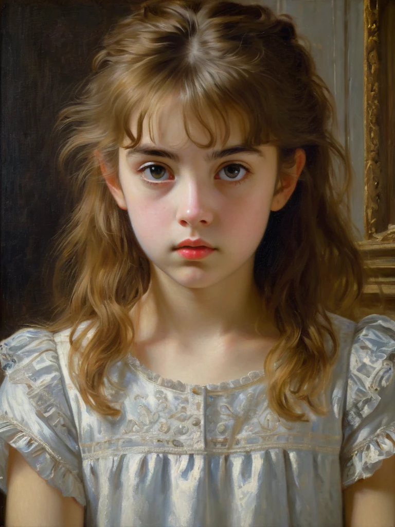 Top quality, super detailed, one girl staring at the viewer, innocent expression, medium hair, soft T-shirt, texture, dimly lit room, (poitier) technique, baroque dramatic, oil painting, masterpiece