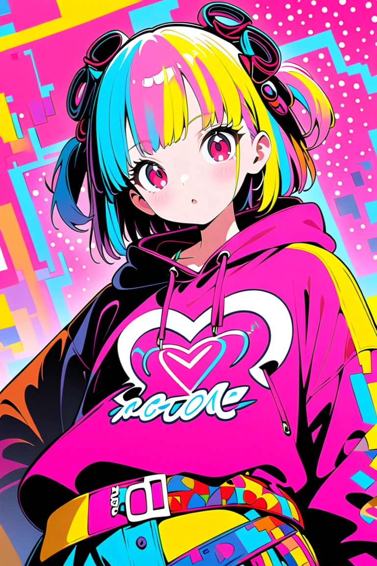 1girl,solo,anime style,dutch angle,looking at another,heart hands,vibrant colors,red eyes,yellow and pink hair,stylish outfit,oversized sweatshirt,bold graphic text,shorts,playful expression,ear accessories,colorful belt,flat design,red polka dot background,high contrast,minimal shading,modern illustration,retro vibes,pop art influence,cool illustration,street style,Contrast,masterpiece,best quality,ultra detailed,8k portrait,unity 8k wallpaper,super fine illustration