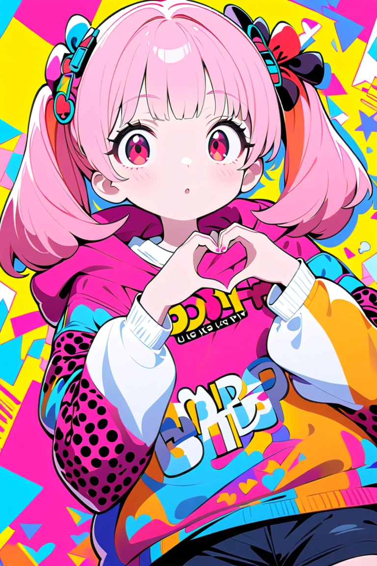 1girl,solo,anime style,dutch angle,looking at another,heart hands,vibrant colors,red eyes,yellow and pink hair,stylish outfit,oversized sweatshirt,bold graphic text,shorts,playful expression,ear accessories,colorful belt,flat design,red polka dot background,high contrast,minimal shading,modern illustration,retro vibes,pop art influence,cool illustration,street style,Contrast,masterpiece,best quality,ultra detailed,8k portrait,unity 8k wallpaper,super fine illustration