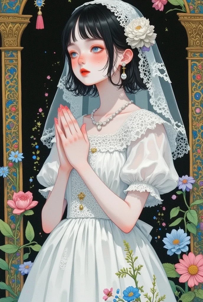 bride，   The style is inspired by Chiho Qingdao，  white wedding dress，  white bride scarf  ， decorated with white flowers on the head   ， short Hair， Sapphire eyes ，Pale face， sad expression  ，Lower your head，pray，Beautiful hands，gothic style， gouache illustration ，Background Church，masterpiece，HD