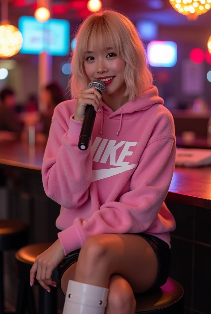 gyaru, dark-skinned, shiny oiled skin, blond hair, wearing pink tracksuits, drinking a canned beer, in the night park