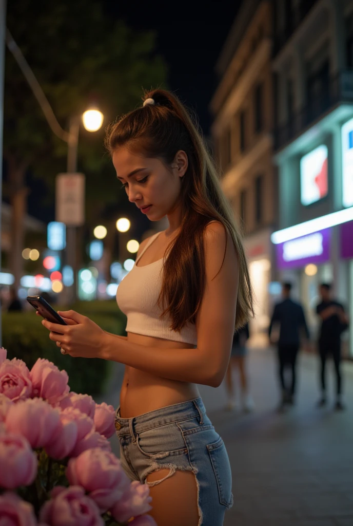 beautiful woman, Night street with lights, fiddling with the smartphone, hot pants, fragrant pink flowers, passersby, night scene gradation, fine details, Subtle tones, Tranquility floating on the screen.