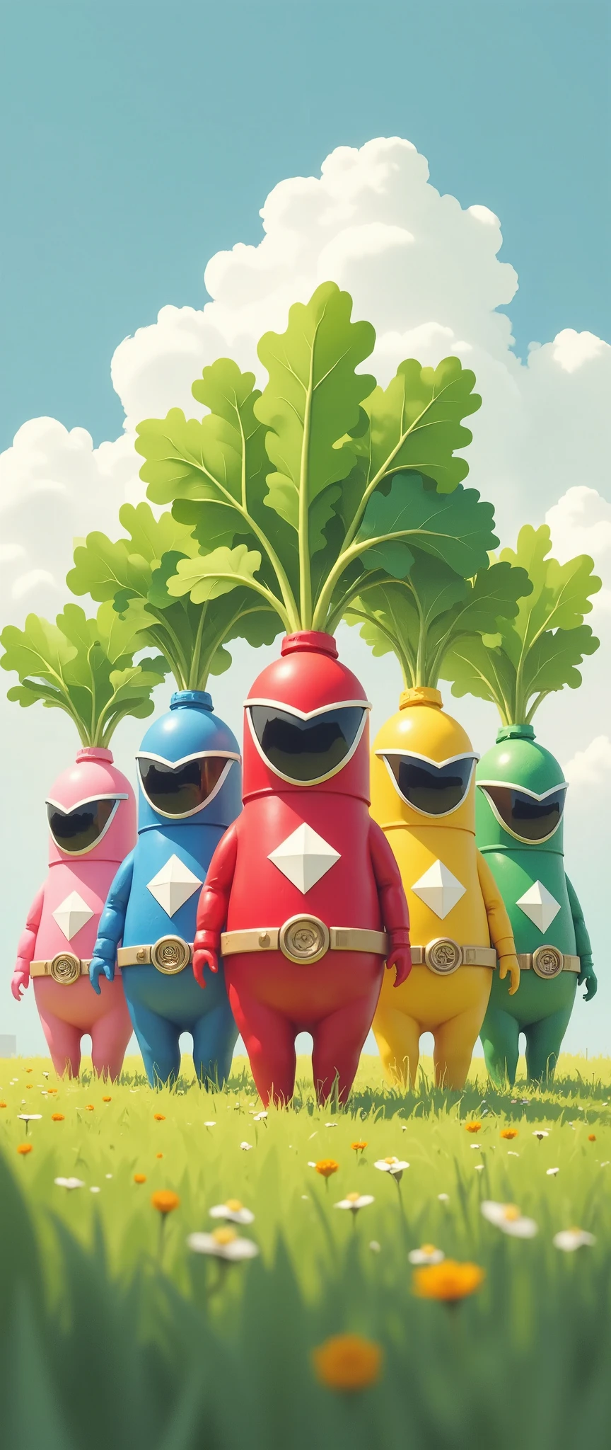 (masterpiece:1.2, Outstanding quality  ,Mirror finish,  Cinematic Experience,  Best Illustrations,  super detailed),8k, wallpaper,,( Radish-themed Sentai hero :2.0),(The background is a field:2.0),(3D isometric illustration :2.0),( Power Rangers style ),(Five-man squad :2.0),( Red, blue, yellow, pink and green radishes as motifs:2.0),( comical  :2.0),(Red stands in the center :2.0),(Helmet shaped like a radish :2.0),("Draw powerful Power Rangers style text from DAIKONGER " text drawing:2.0)