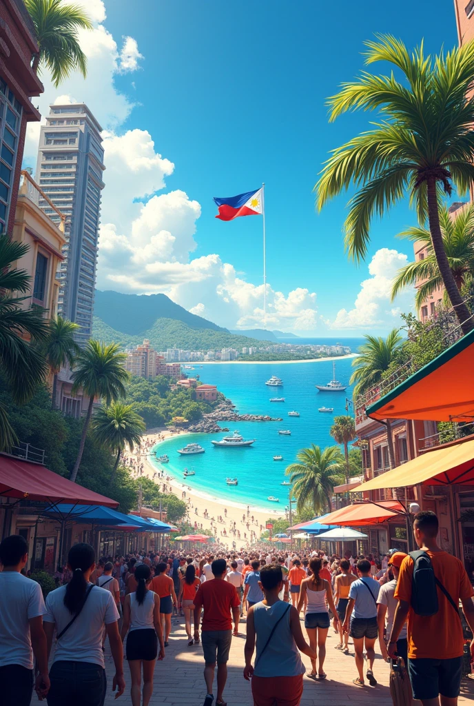 Make people happy at the beach playing volleyball, having a picnic, with an amusement park in the background, and with famous monuments