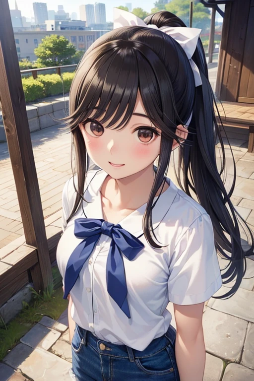 Takane Manaka、 光沢のある茶色のLong Hair、 ribbon ponytail、美しい Brown Eyes 、smile、Sparkling Eyes, (fine grain)、 Highly Detailed Eyes、 very detailed face,  Highly Detailed Eyes, masterpiece,  best quality,  high definition , ( best quality,masterpiece:1.2),Alone,Alone、 cowboy shot、nsfw,

  best quality 、 high definition 、 high definition、 high definition 、 sports gym、(Long Hair、 medium chest、 brown hair、 Brown Eyes 、 glossy lips in the ruins of the city、 GROWING SKIN、 Realistic Skin Texture 、 White Blouse 、Denim pants、A walk in the park、date)、Love me、、 open your mouth 、smile)、( seen from above )