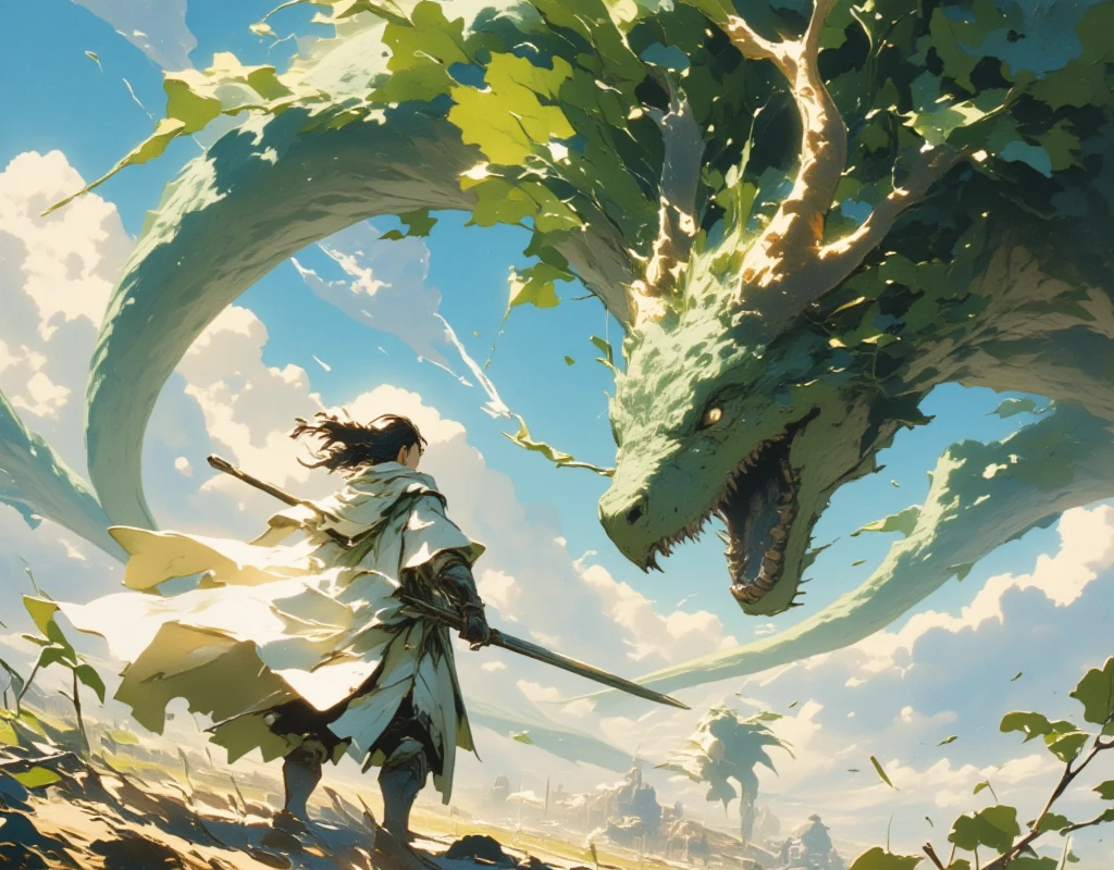  white radish,  hero cloak,  I'm fighting against a villain who is a giant dragon,  turning back , My cloak is swaying violently in the wind ,  dynamic composition,  Deep Composition 