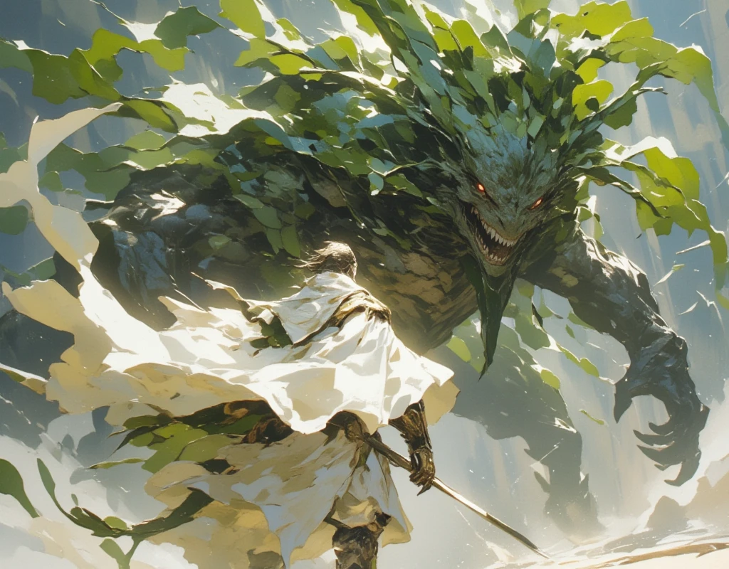  white radish,  hero cloak,  I'm fighting against a villain who is a giant dragon,  turning back , My cloak is swaying violently in the wind ,  dynamic composition,  Deep Composition 