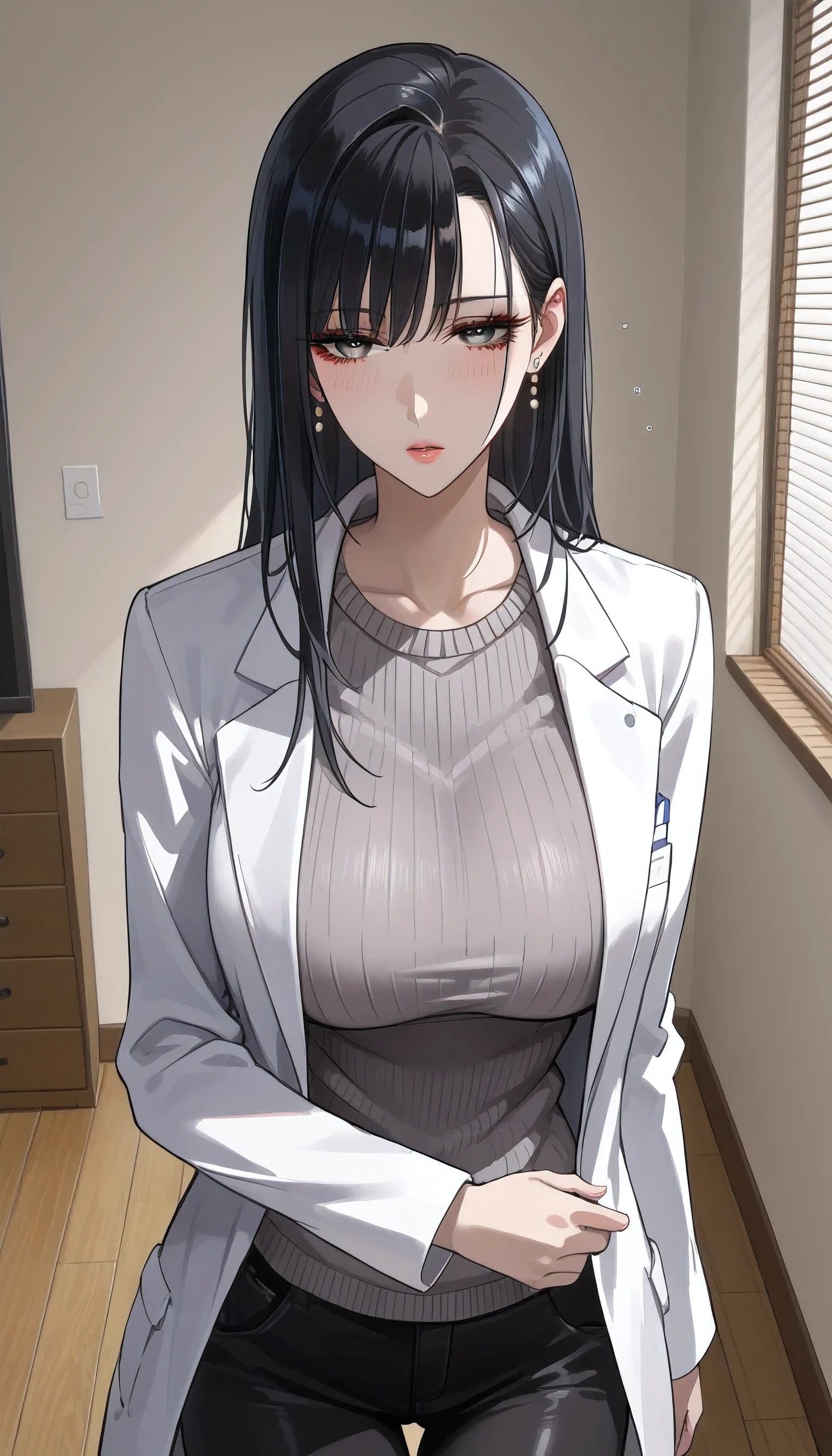  score_9,  score_8_up,  score_7_up,  source_Anime,masterpiece, best quality, BEAUTIFUL AND DETAILED EYES ,  beautiful detailed lips,  very detailed eyes and faces, long breasts, 1 female, Put on a white coat、 sweater under a white coat, doctor、 Grey Sweater 、 grey sweater、 Dowel Dowel Sweaters、Matte Clothes 、Black Skinny、 long black pants  , Big saggy breasts, shockingly  Big Breasts ,  Big Breasts , room,  No Emotion 、 zitales,  taken from above、 sit on a chair、makeup、 no makeup、 black hair、 long hair、 zitales、A tired face、Sleepy face