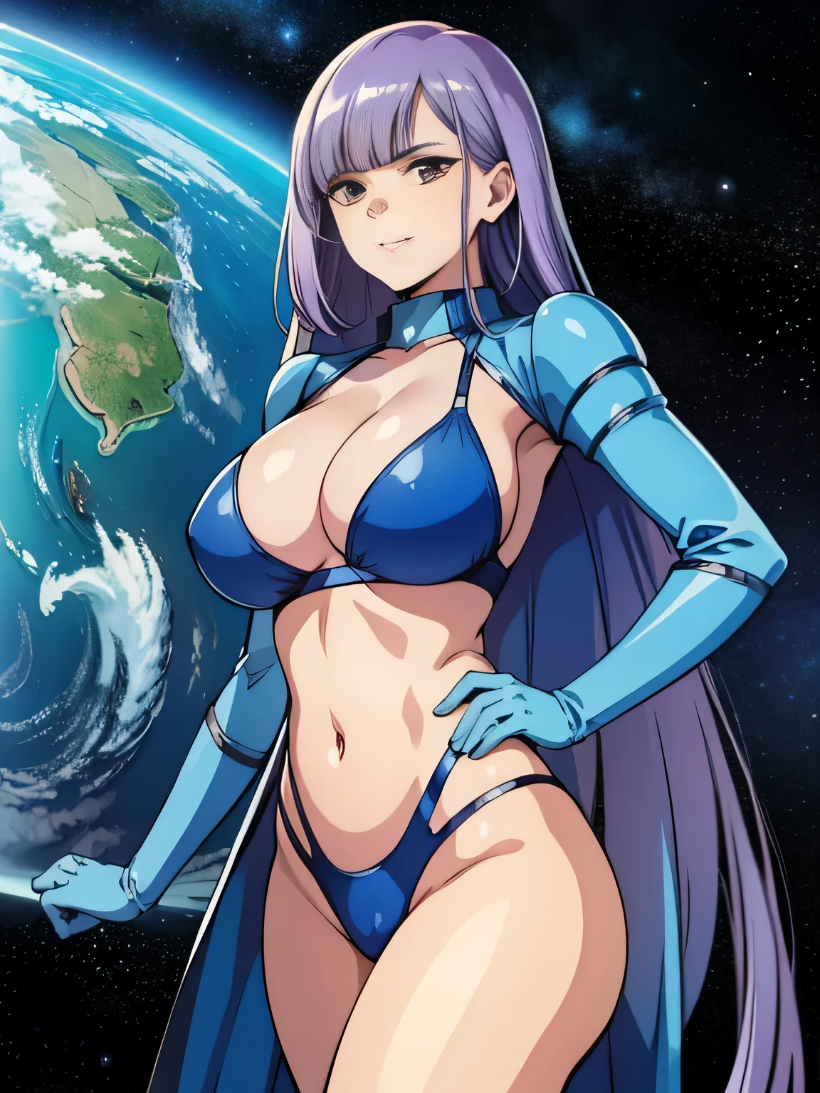 ((masterpiece,cg,best quality,highres)), good anatomy,extremely delicate and beautiful,(semi-realistic:1.5),detailed eyes,perfect face,beautiful face,1girl,solo,louka, (((blue bikini))), long hair, purple hair,star mark, light smile, facing viewer,,standing beside window, sexy, alluring, cowboy shot, curvy hips, inside spacecraft,galaxy,planet,glass, cameltoe