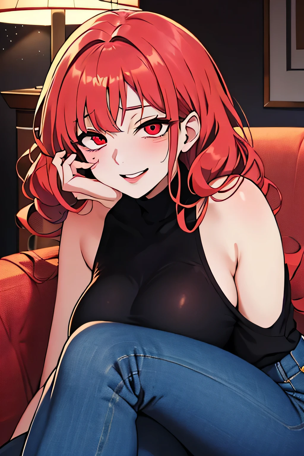 Masterpiece, Best Quality, Hi-Res, source_anime, (good_hands:0.9) , 1girl, dark red eyes, yandere trance, yandere, crazy eyes, eyebags, uneven eyes, evil expression , smile, red coloured hair, curly long hair, sleeveless black sweater, blue jeans, big breast, curvy body, High Contrast Glossy Oily Skin, living room, hands on cheeks, sit on couch, from front.sit, looking at viewer, dramatic shadows, cinematic lamp lighting, (light particles:0.8)