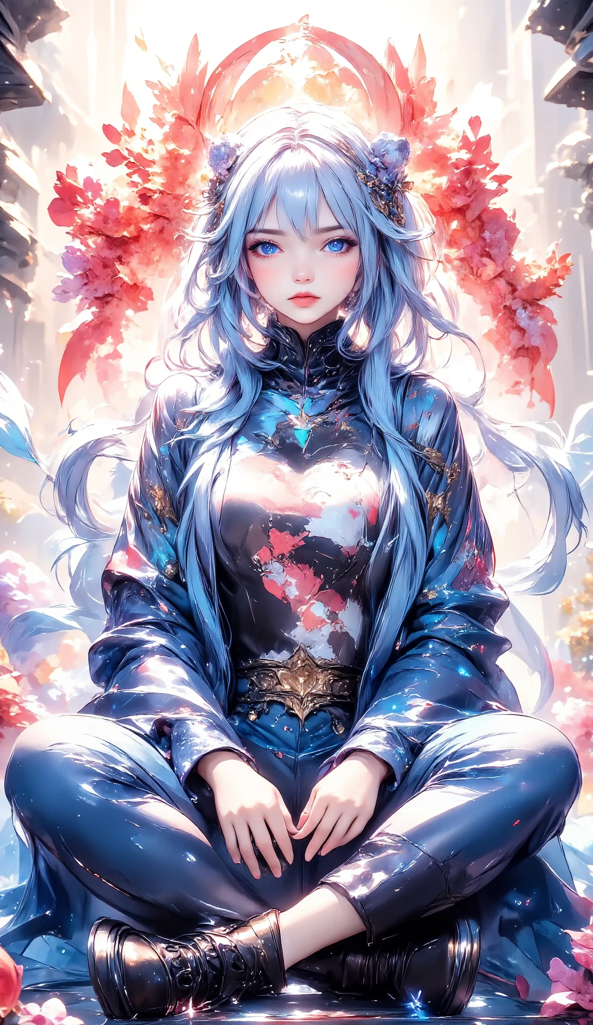  a painting of a girl with blue hair long twin braids ,  sitting on the floor in meditation position ,  blue jacket dropped from the shoulders ,  is wearing a sweatshirt with a drawing of black sports pants with green stripes on the side,  sneakers ,  in the background a red circle with intertwined flowers ,  beautiful award-winning image , HD, cyberpunk art inspired by Yanjun Cheng ,  trending on Artstation , street art,  James Jean style ,  artwork in the style of Guweiz , Yanjun Chengt, James Jean style ,  aesthetics of James Jean , Alice X. Zhang, trend in artstration, James Jean y Wlop