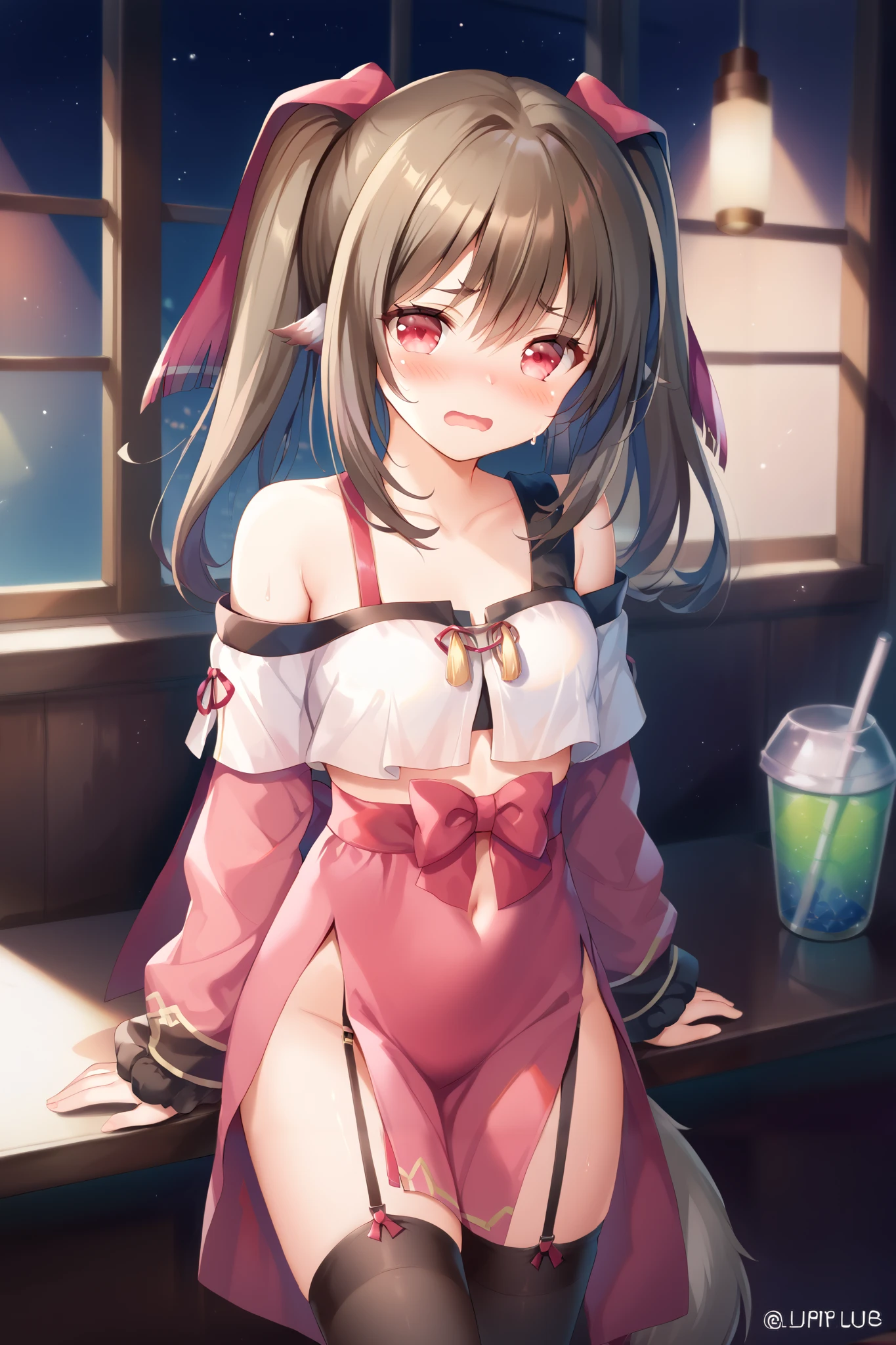 NSFW,masterpiece, best quality, high definition , Very detailed,Nekone\(Utawarerumono\),Brown Hair, twin tails, hair bow ,Red eyes,Embarrassed,blush, crop top, off-shoulder , miniskirt, Garter Straps ,Nightlife