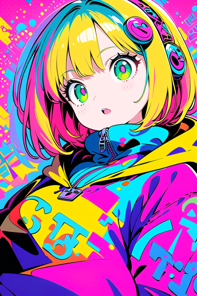 1girl,solo,anime style,dutch angle,looking at another,vibrant colors,green eyes,yellow and pink hair,stylish outfit,oversized sweatshirt,bold graphic text,shorts,playful expression,ear accessories,colorful belt,flat design,red polka dot background,high contrast,minimal shading,modern illustration,retro vibes,pop art influence,cool illustration,street style,Contrast,masterpiece,best quality,ultra detailed,8k portrait,unity 8k wallpaper,super fine illustration