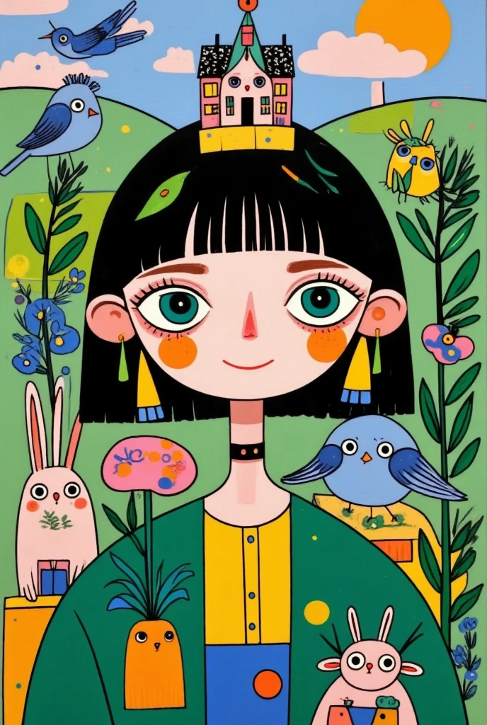  A pretty girl with green eyes ， with an elegant headband ， The hair adorns the elements of nature and the house ，With a house on her back ， with a house on her head ， The background is dense trees and rolling hills。 hand drawn illustration style， cute cartoon design ，Green Palette， Birds fly around her face ， The swallow rests on his shoulder ， by Hsiao Ron Cheng 
