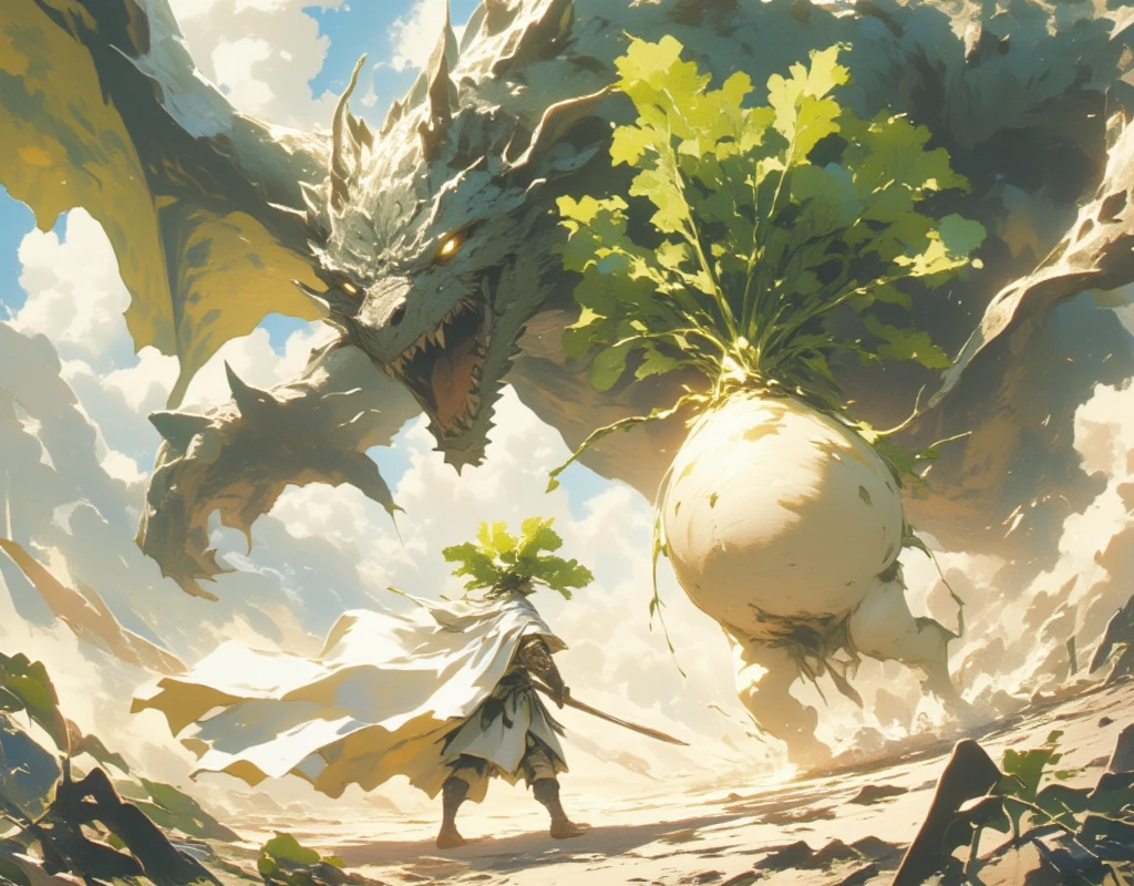  white radish,  hero cloak,  I'm fighting against a villain who is a giant dragon,  turning back , My cloak is swaying violently in the wind ,  dynamic composition,  Deep Composition 