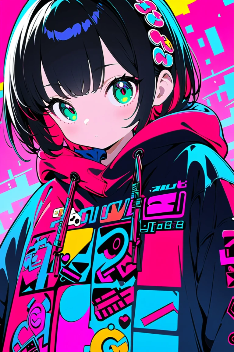 1girl,solo,anime style,dutch angle,looking away,vibrant colors,green eyes,red and black hair,stylish outfit,oversized sweatshirt,bold graphic text,shorts,playful expression,ear accessories,colorful belt,flat design,red polka dot background,high contrast,minimal shading,modern illustration,retro vibes,pop art influence,cool illustration,street style,Contrast,masterpiece,best quality,ultra detailed,8k portrait,unity 8k wallpaper,super fine illustration