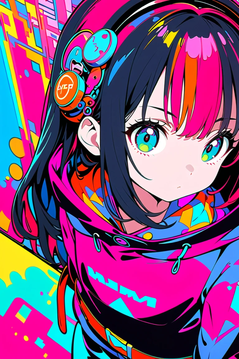 1girl,solo,anime style,dutch angle,looking away,vibrant colors,green eyes,red and black hair,stylish outfit,oversized sweatshirt,bold graphic text,shorts,playful expression,ear accessories,colorful belt,flat design,red polka dot background,high contrast,minimal shading,modern illustration,retro vibes,pop art influence,cool illustration,street style,Contrast,masterpiece,best quality,ultra detailed,8k portrait,unity 8k wallpaper,super fine illustration