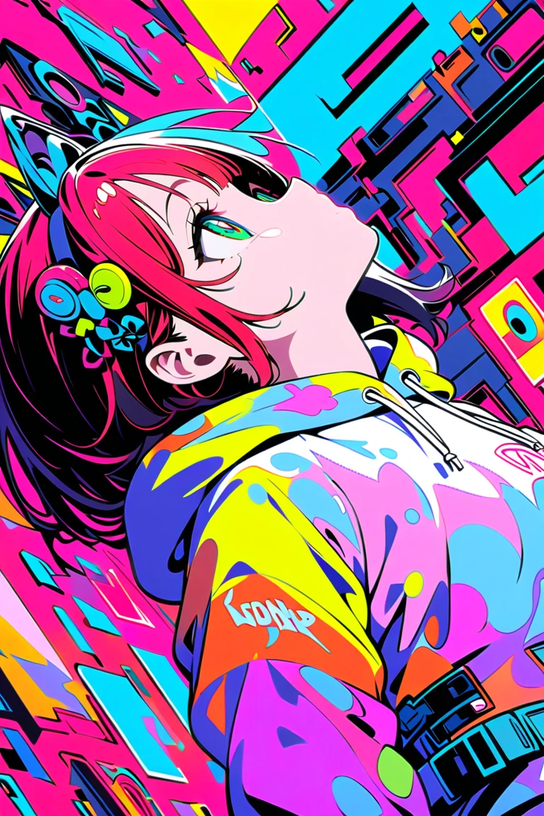 1girl,solo,anime style,dutch angle,looking away,vibrant colors,green eyes,red and black hair,stylish outfit,oversized sweatshirt,bold graphic text,shorts,playful expression,ear accessories,colorful belt,flat design,red polka dot background,high contrast,minimal shading,modern illustration,retro vibes,pop art influence,cool illustration,street style,Contrast,masterpiece,best quality,ultra detailed,8k portrait,unity 8k wallpaper,super fine illustration