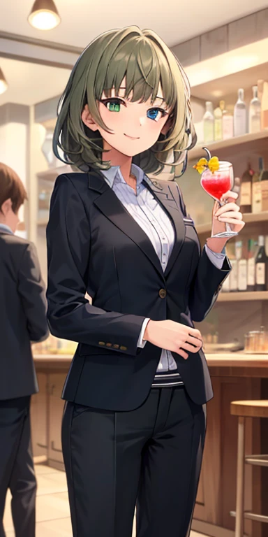  1 girl , Alone, duck, smile, , Color, indoor，（suit）,（ long pants）,
（ blazer）, heterochromia, Green Eyes,  blue eyes, holding a cocktail 