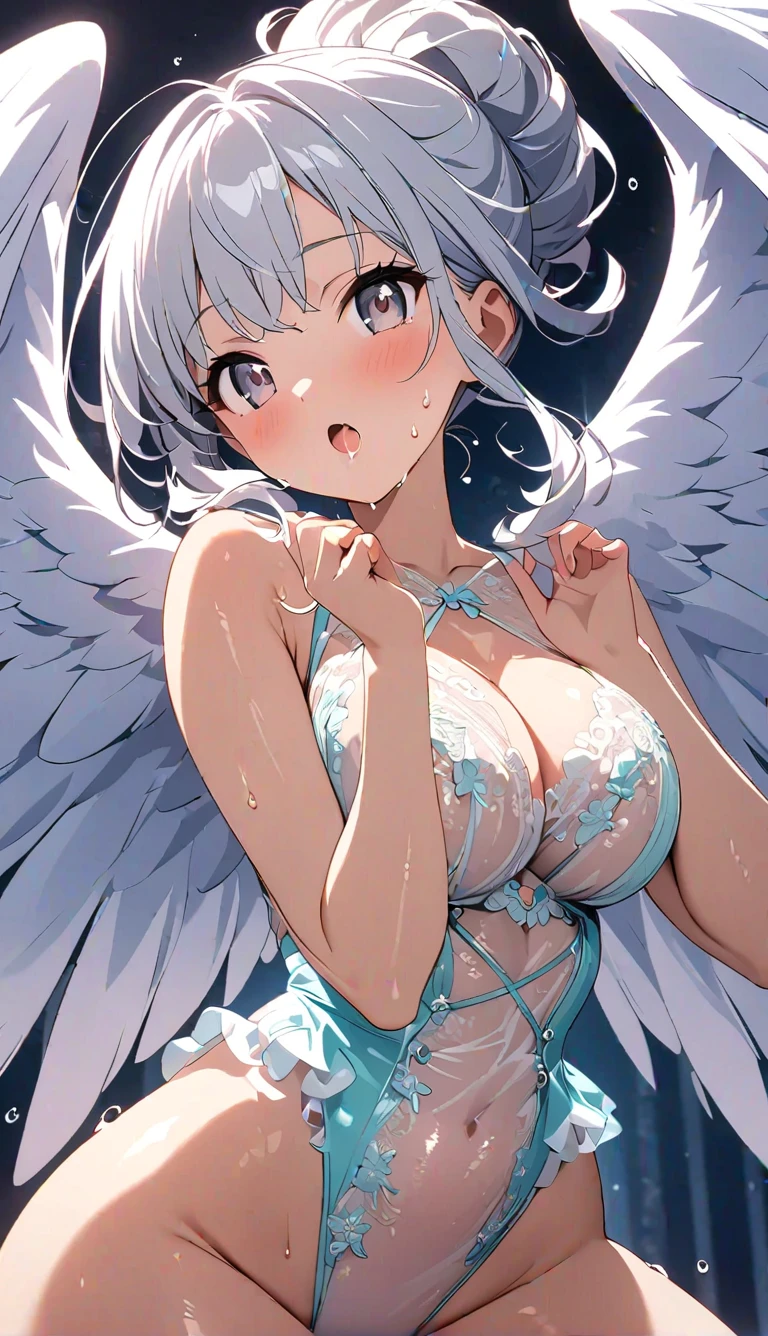 ((masterpiece, sidelighting, finely detailed beautiful eyes: 1.2)), ultra-detailed, ultra high res, professional lighting, high quality makeup, beautiful detailed eyes, sexy, beautiful, big eyes, (drooping eye:1.2), seraph, solo, alone, slender body, (Circle of Angels:1.1), (Angel Wings:1.1), blue sapphire eyes, wide sleeves, outdoors, highest quality, ultra detailed, Soft light,  (rime:1.3), Extremely cute, (extremely detailed beautiful face), Authentic skin texture, beautiful hair, beautiful face, beautiful eyes, beautiful body, beautiful hands, (face focus, grin from, breast focus:1.6)