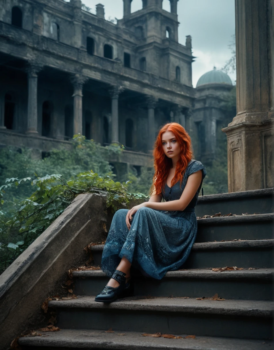 1917 ordinary 18 year old redhead girl sitting on stairs of an abandoned villa of georgian age. blood on hands, surrounded by large dark trees. ominous mood, as if a murder were about to happen. ((spooky person in the background)),
highly detailed, high budget, bokeh, cinemascope, moody, epic, gorgeous,   blue eyes, perfecteyes,  (cute a and cinematic futuristic and view view and very god video a:1.1), beautiful delicate delighting girl from golden detailed planet ,
a trending city photo of unreal universe depiction,  (Intricate, abstract, patterns), meditative, highly detailed patterns, Trending on Artstation, Dramatic background by John berkey, , War, World War I, single shot, highly detailed