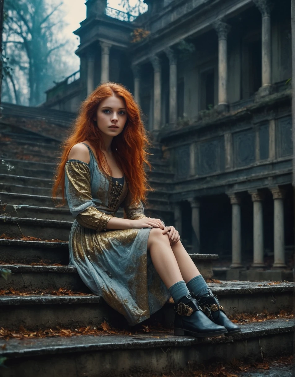 1917 ordinary 18 year old redhead girl sitting on stairs of an abandoned villa of georgian age. blood on hands, surrounded by large dark trees. ominous mood, as if a murder were about to happen. ((spooky person in the background)),
highly detailed, high budget, bokeh, cinemascope, moody, epic, gorgeous,   blue eyes, perfecteyes,  (cute a and cinematic futuristic and view view and very god video a:1.1), beautiful delicate delighting girl from golden detailed planet ,
a trending city photo of unreal universe depiction,  (Intricate, abstract, patterns), meditative, highly detailed patterns, Trending on Artstation, Dramatic background by John berkey, , War, World War I, single shot, highly detailed